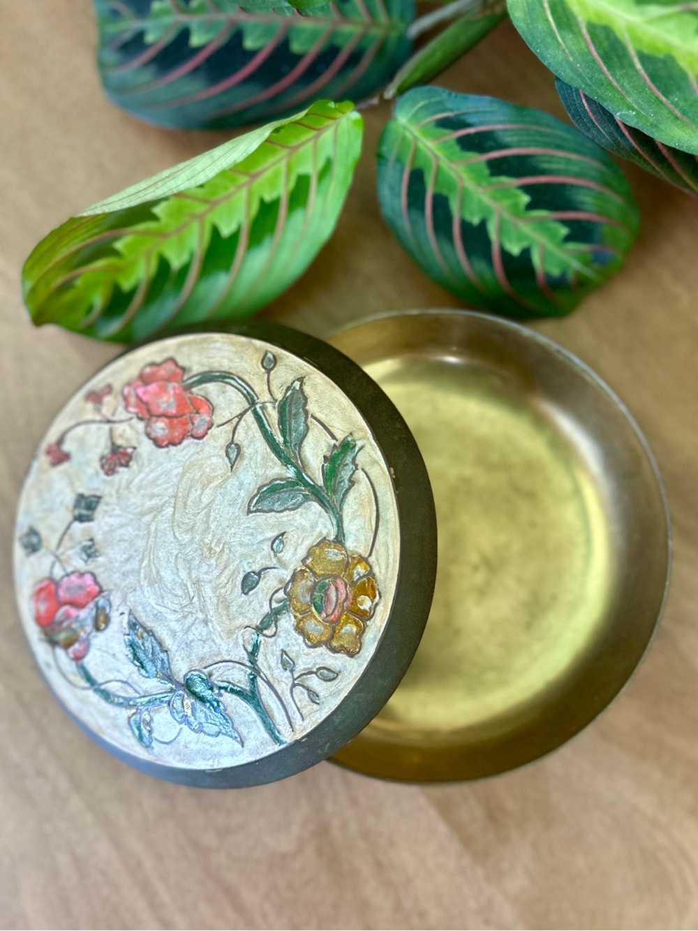 Vintage Brass Cloisonné Floral Trinket Box